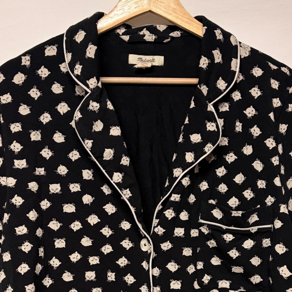 Madewell Cat Print Pajama Top Blouse Size XL Black Whimsigoth Witchy Halloween